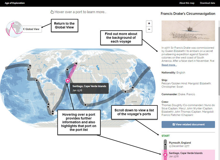View of background information on a voyage in the interactive map