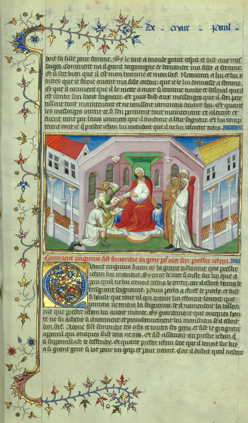 Illumination of a man meeting with messengers, from Le Livre des Merveilles.