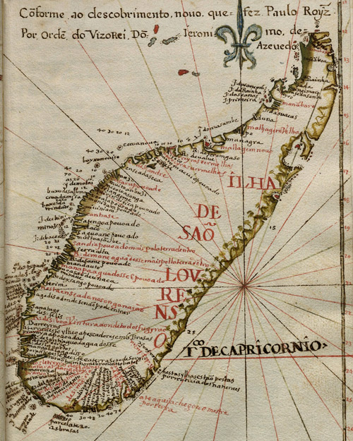 Annotated map of Madagascar from Regimento de Pilotos e Roteiro da Índia Oriental